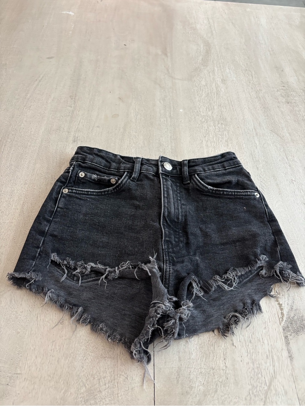 Zara High-Rise Black Distressed Denim Shorts
